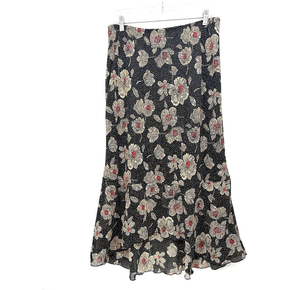 Dialogue Maxi Skirt Ruffled Hem Hi Low Floral Polka Dot Ruffle Hem Boho Chic LG